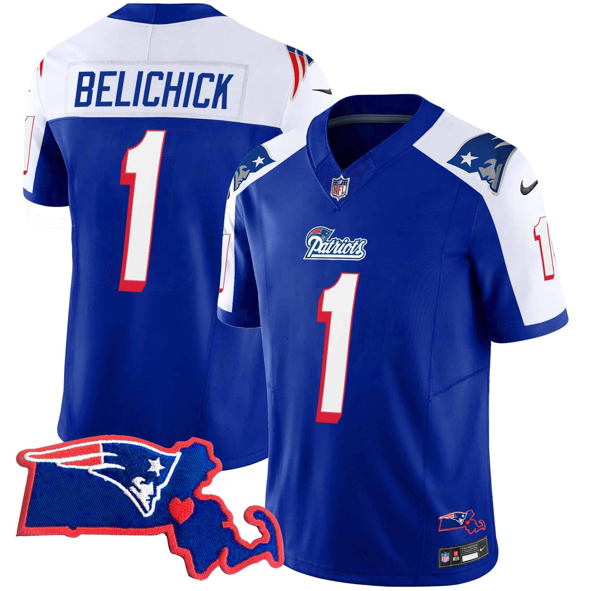 Men New England Patriots 1 Belichick Blue 2024 Nike Patch Vapor Limited NFL Jersey